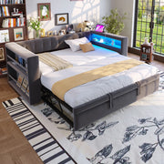 Divano letto multifunzionale 90/180x190 cm in flanella grigio scuro con LED, presa integrata e vani contenitore