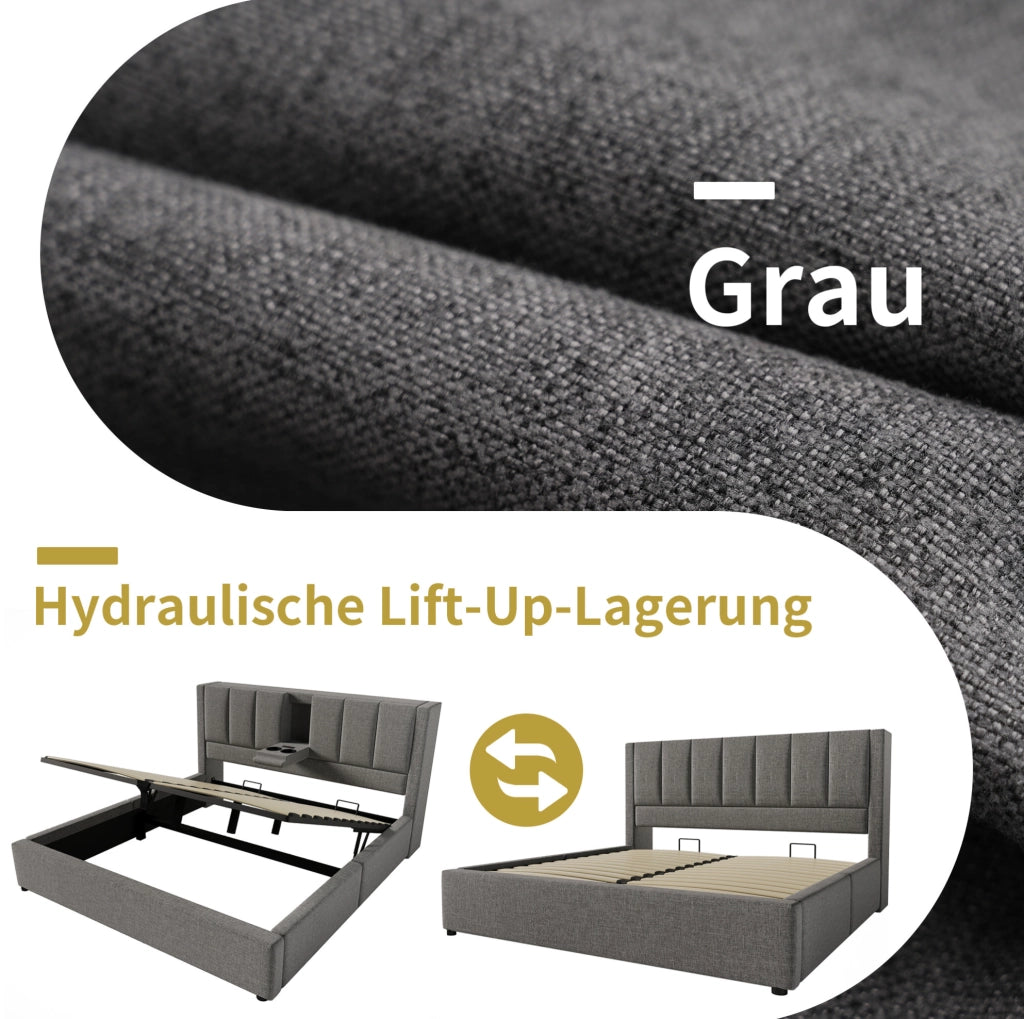 Letto imbottito 180x200 cm con contenitore, USB e portabicchieri