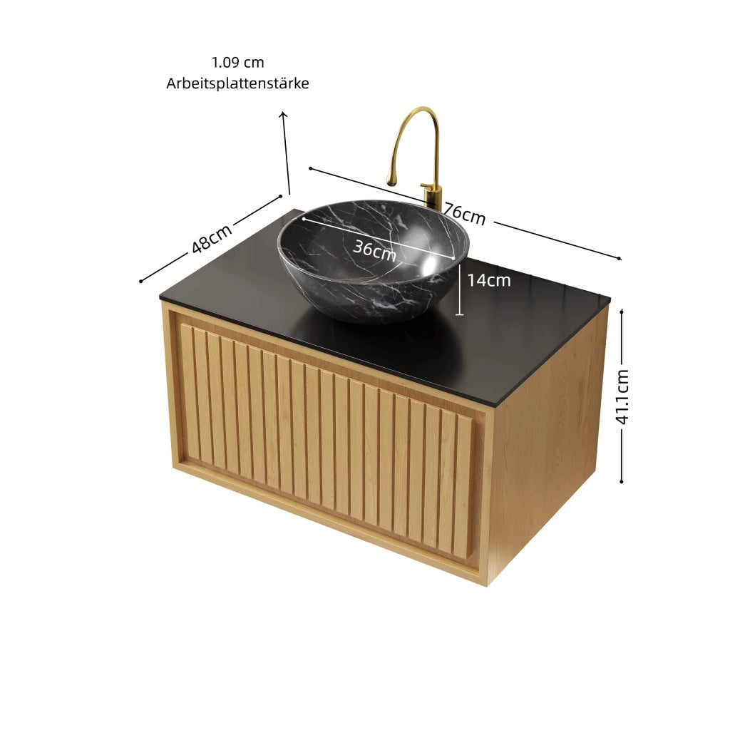 Mobile sottolavabo con lavabo in ceramica e piano in pietra sinterizzata, 1 cassetto per bagno, nero, 76 × 48 × 55.1 cm