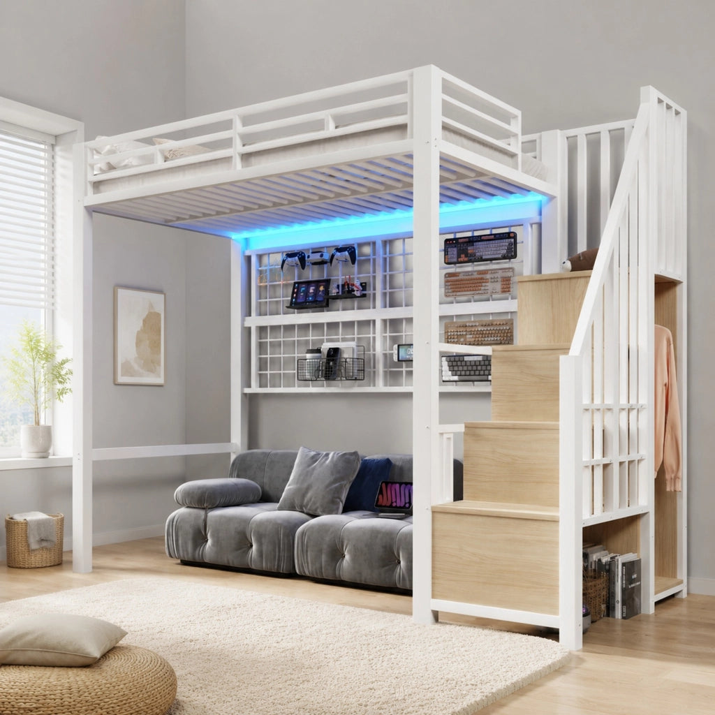 Letto a soppalco 90x200 cm con armadio e LED, bianco