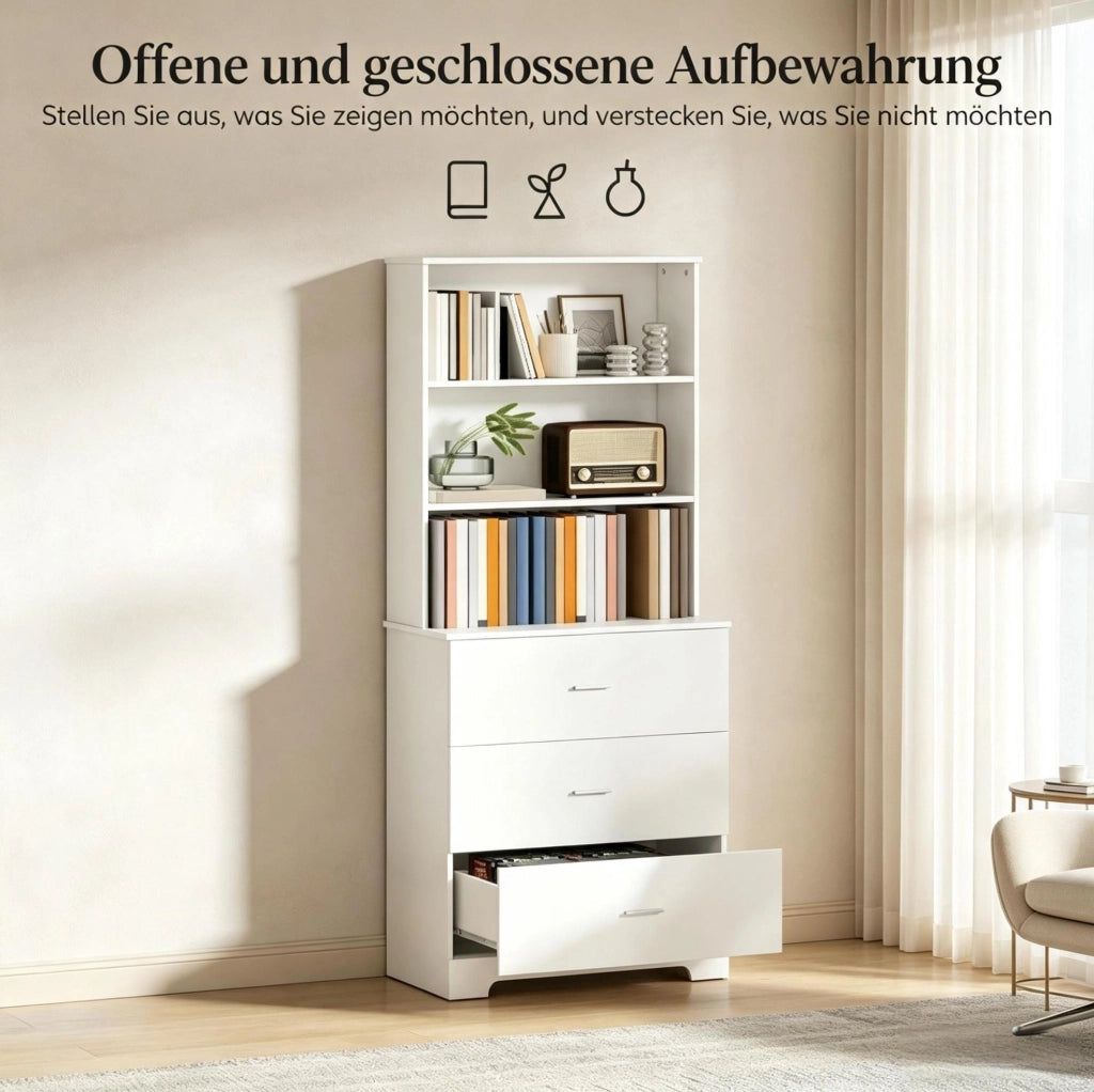 Libreria bianca con 3 ripiani aperti e 3 cassetti; 79 x 39;5 x 182;2 cm