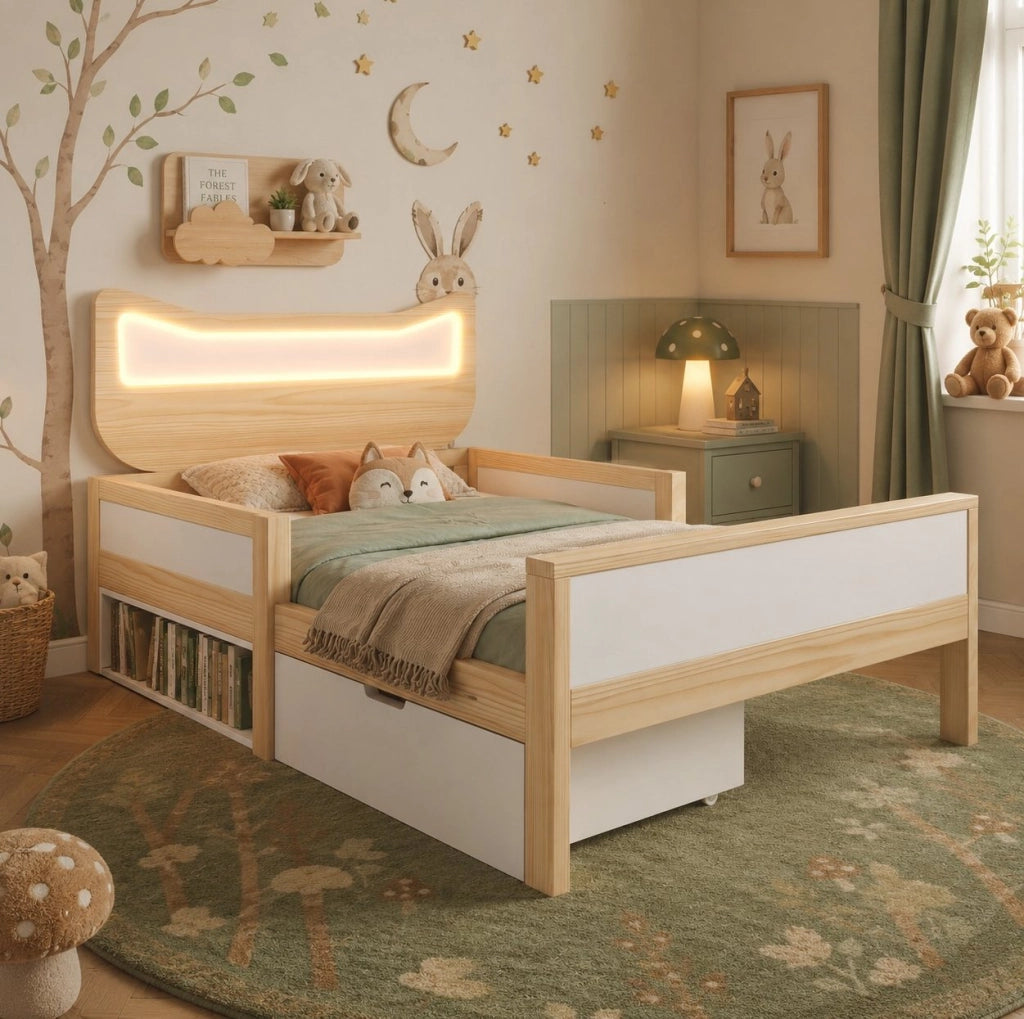 Letto singolo 90x190 cm con testiera a gatto; LED RGB; cassetto e contenitore; bianco e rovere