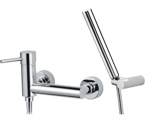 Rubinetto esterno dotato di doccia duplex, serie suvi caratterizzata da linee arrotondate e minimali