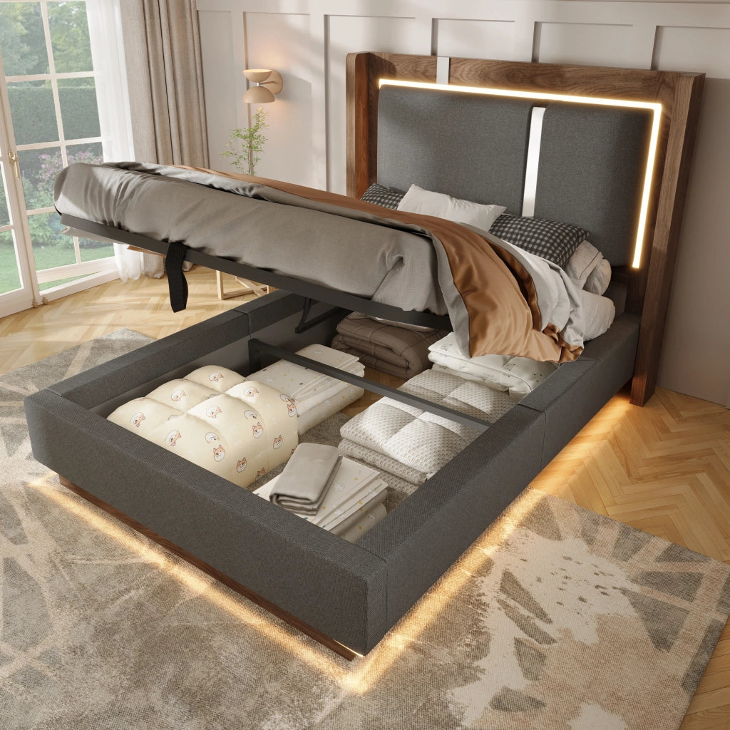 Letto giovane 90x200 LED idraulico lino grigio/noce