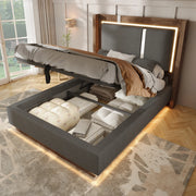 Letto giovane 90x200 LED idraulico lino grigio/noce