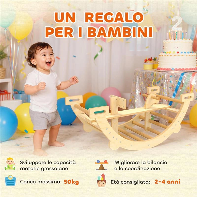 ARCO MONTESSORI IN LEGNO PER BAMBINI 2-4 ANNI CONVERTIBILE IN DONDOLO 110X52X45 CM, COLOR LEGNO