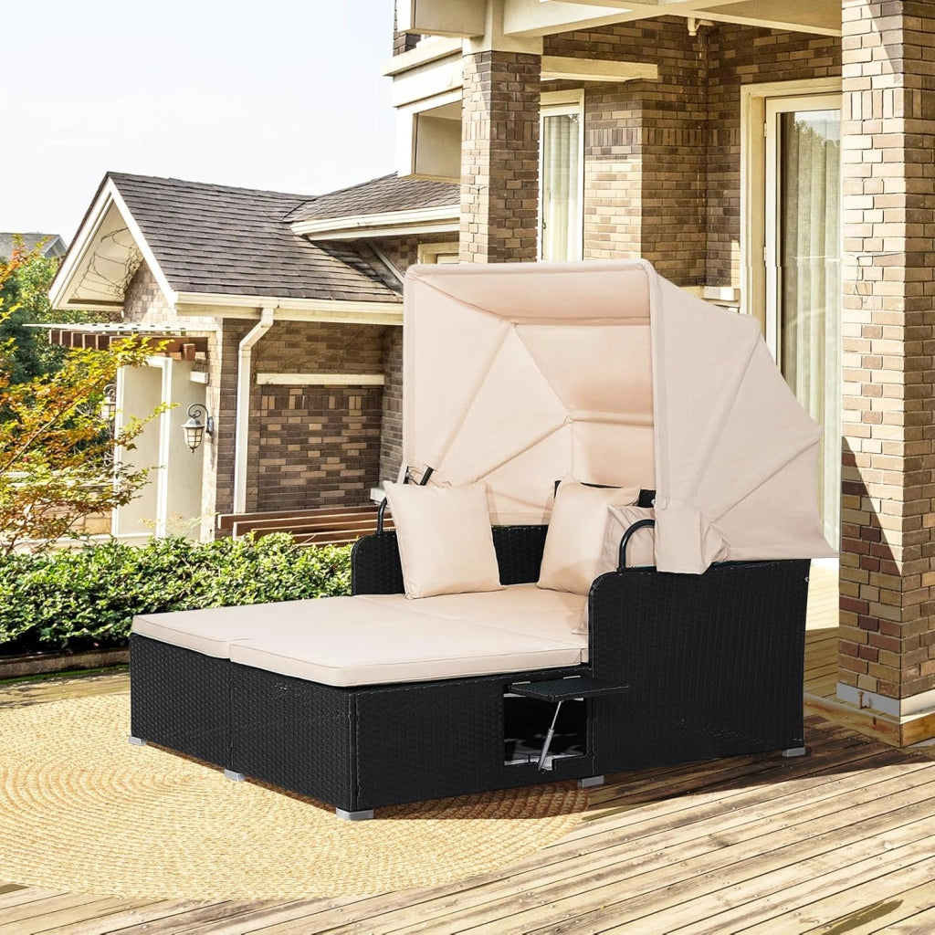 Lettino da Esterno in Rattan, Set di Divani da Patio con Tettuccio Retrattile e 2 Tavolini, Lettino da Esterno con Morbidi Cuscini e Ampia Superficie di Sdraio, 3 Colori (Beige)