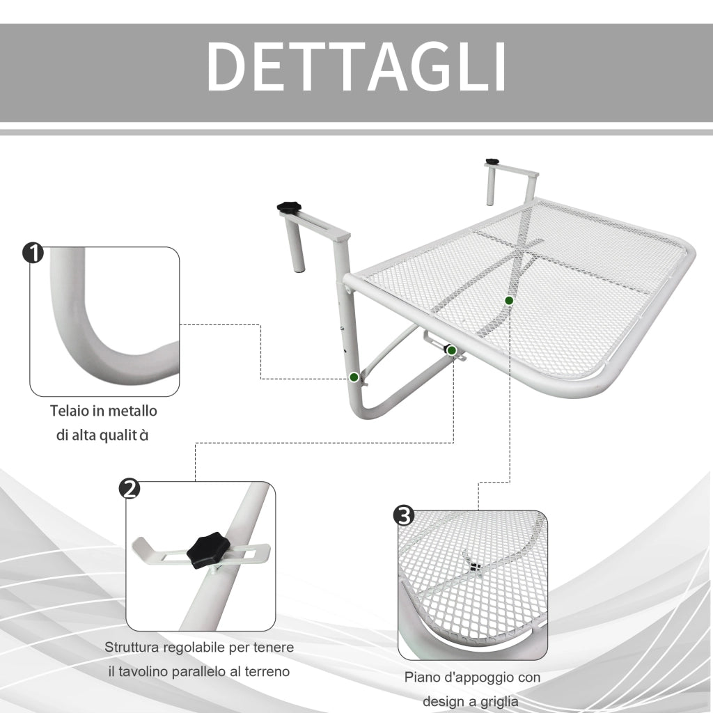 Easycomfort Tavolo da Ringhiera con Ganci ad Altezza Regolabile su 3 Livelli, in Metallo, 60x56.5x45 cm, Bianco