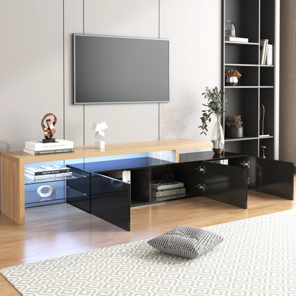 Mobile TV moderno nero lucido con LED e ripiani in vetro