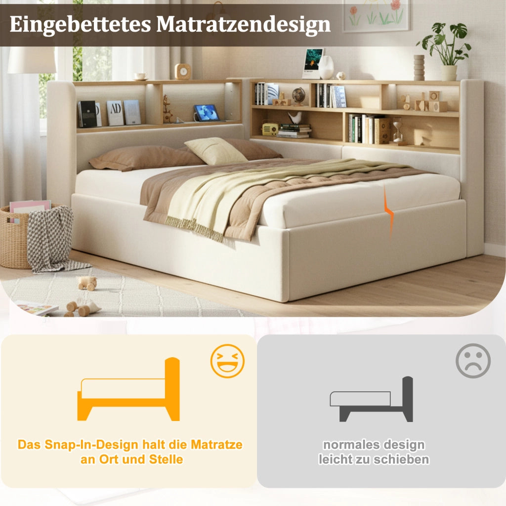 DESMIU Letto divano contenitore 140 × 190 cm 2 posti con LED, USB e Type-C, senza materasso, velluto beige
