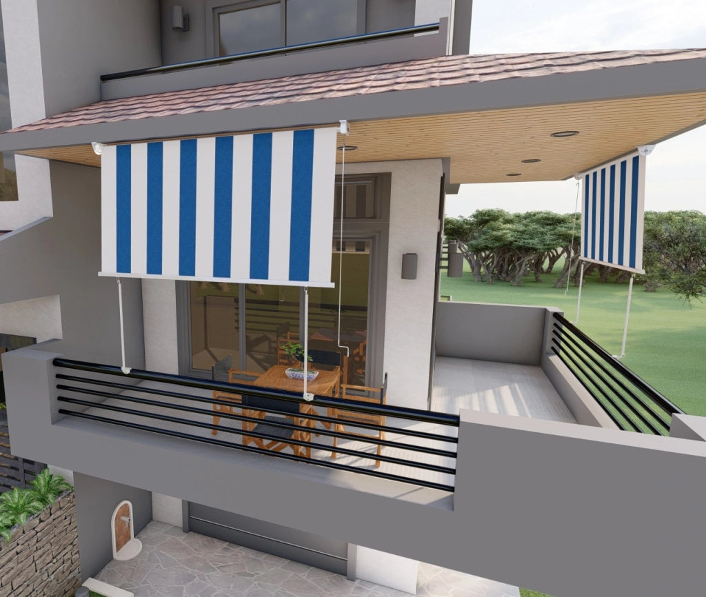 Tenda da sole a caduta con bracci 200cm telo impermeabile bianco blu Golisa