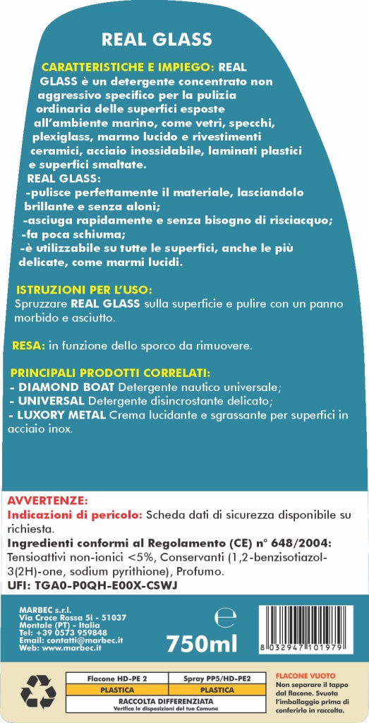 Detergente nautico non aggressivo REAL GLASS   750ML