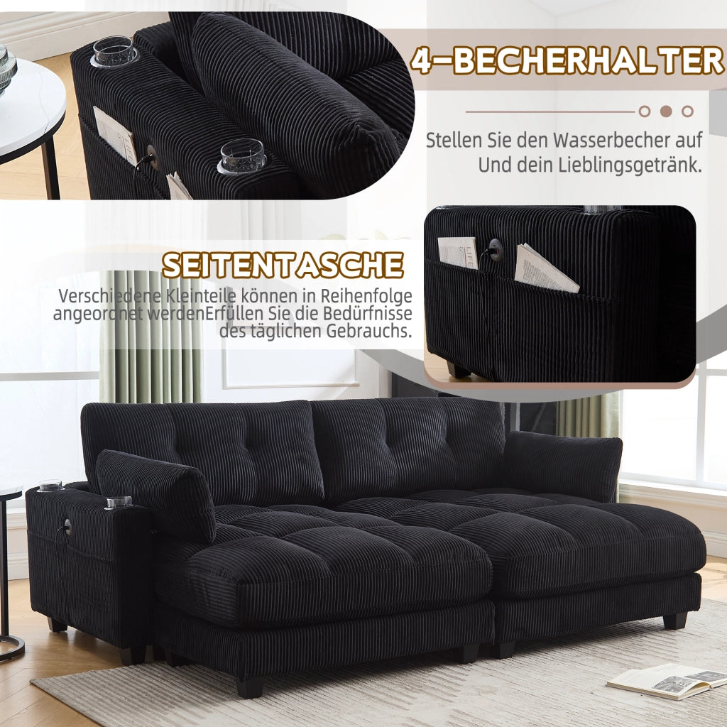 DIVANO 2 posti modulare 224x140x81 cm in corduroy nero con USB e cuscini