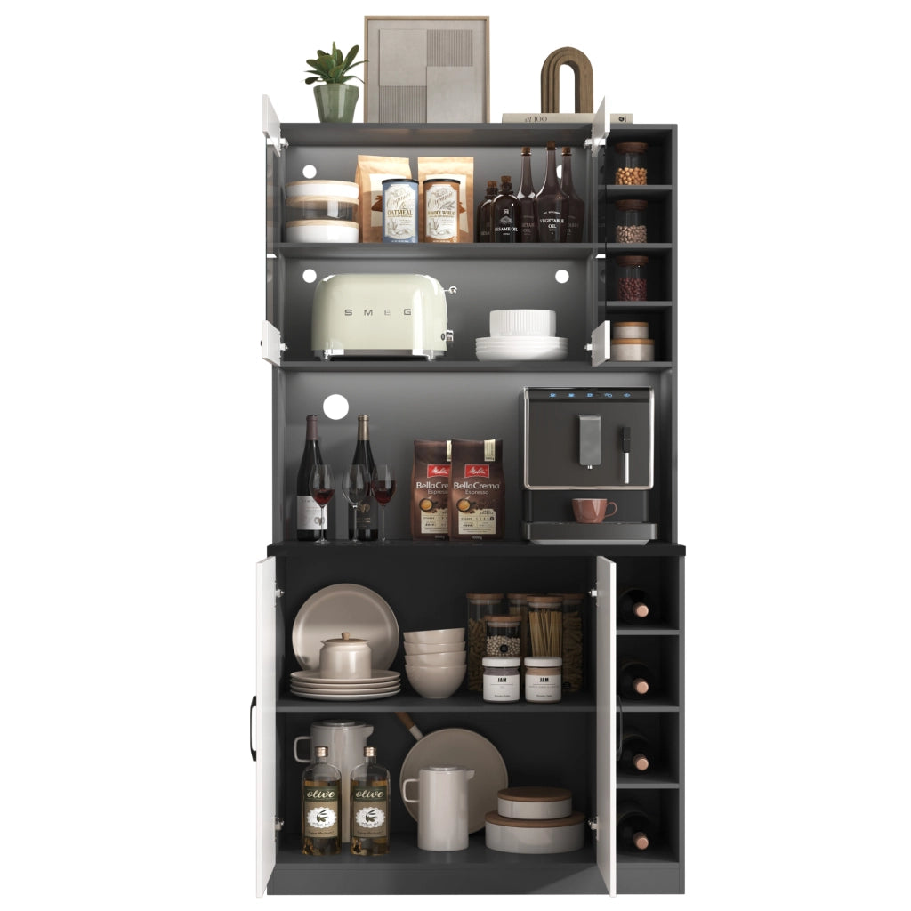 Credenza da cucina con LED, vetrina in vetro temperato, 2 ante e vani regolabili, per cucina, 100 × 47 × 187 cm