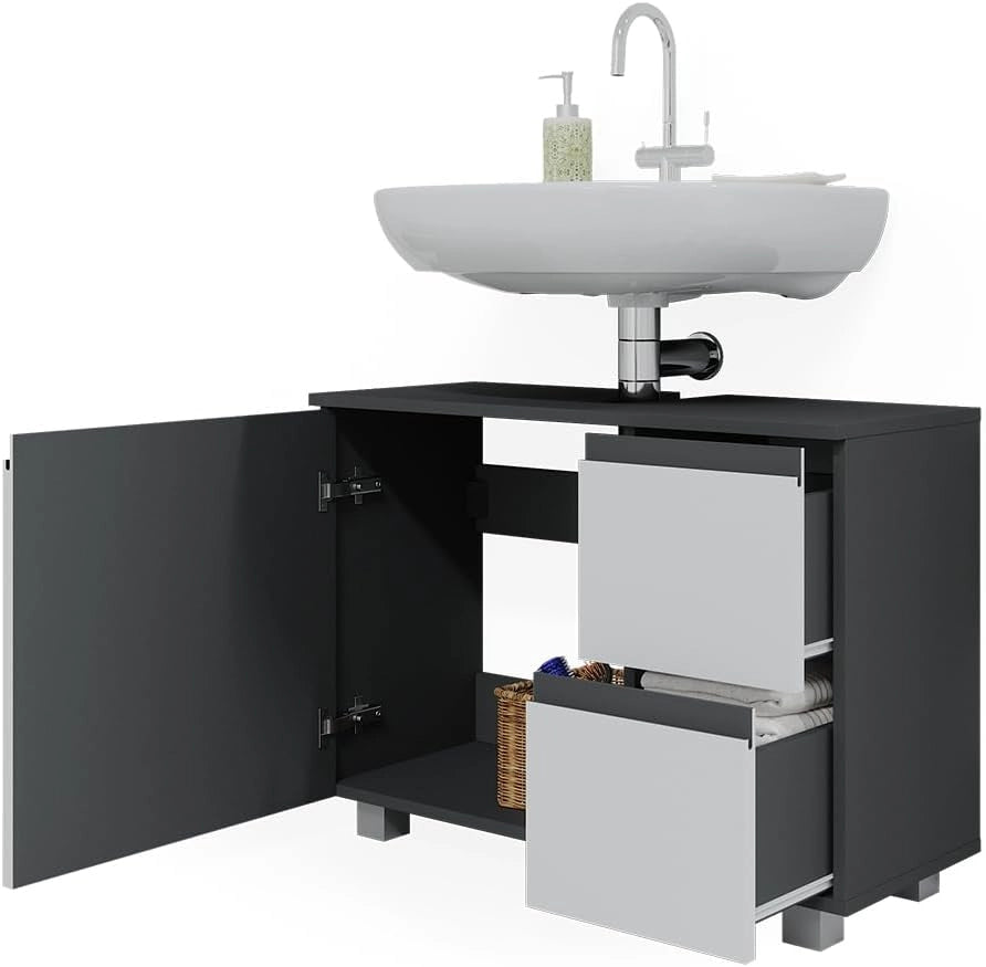 Mobile sottolavabo per bagno J-Shape, Antracite/bianco, 80 x 60.8 cm, con intaglio per sifone per l’installazione sotto il lavandino
