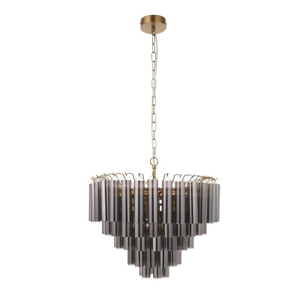 Lampadario Toulouse ottone satinato vetro fumé 12xG9 Endon