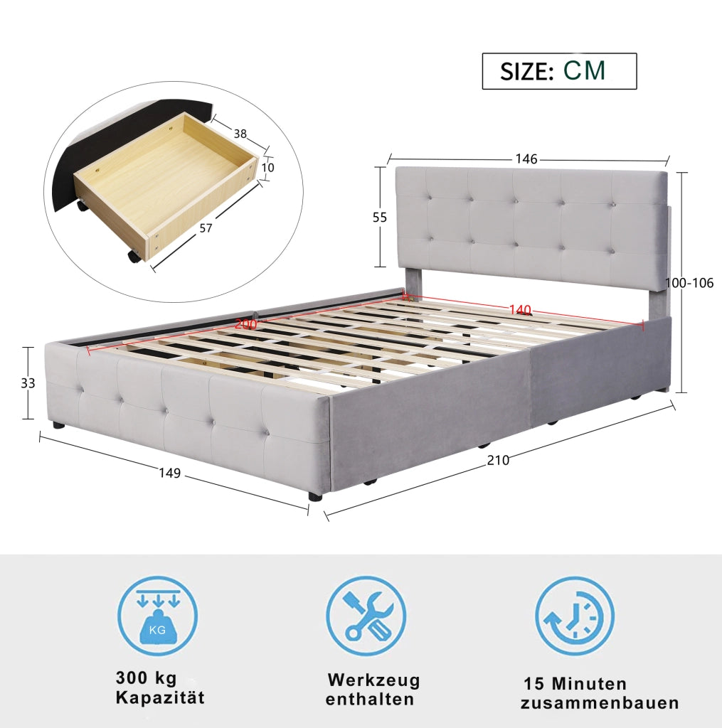 Letto imbottito 140x200 cm con 4 cassetti; testiera e rete a doghe; grigio