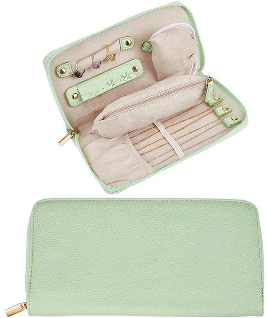 Tas per gioielli in pelle PU per viaggi, portatile, multifunzionale, con chiusura a zip per orecchini e anelli (verde)