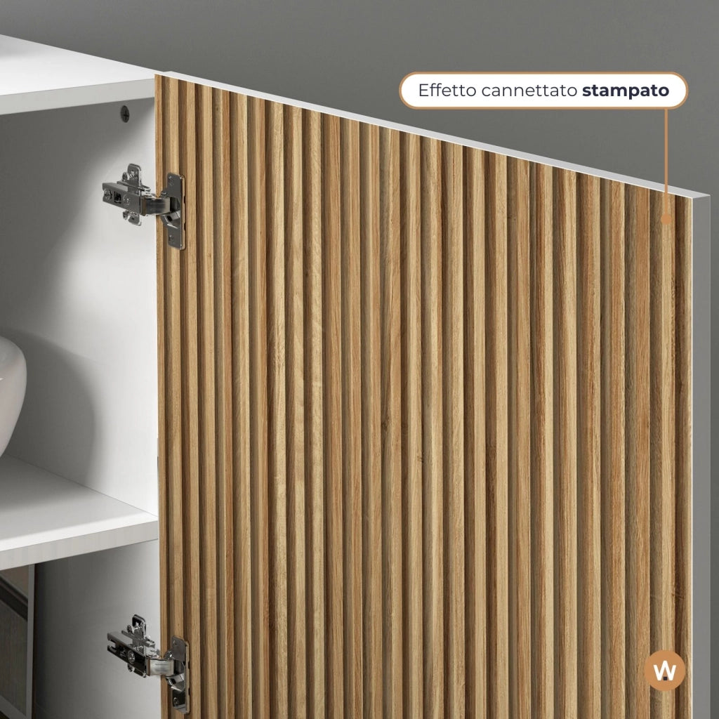 WHOUS Credenza Coste a 2 ante e 3 cassetti bianco opaco e legno chiaro 180x43x86 cm
