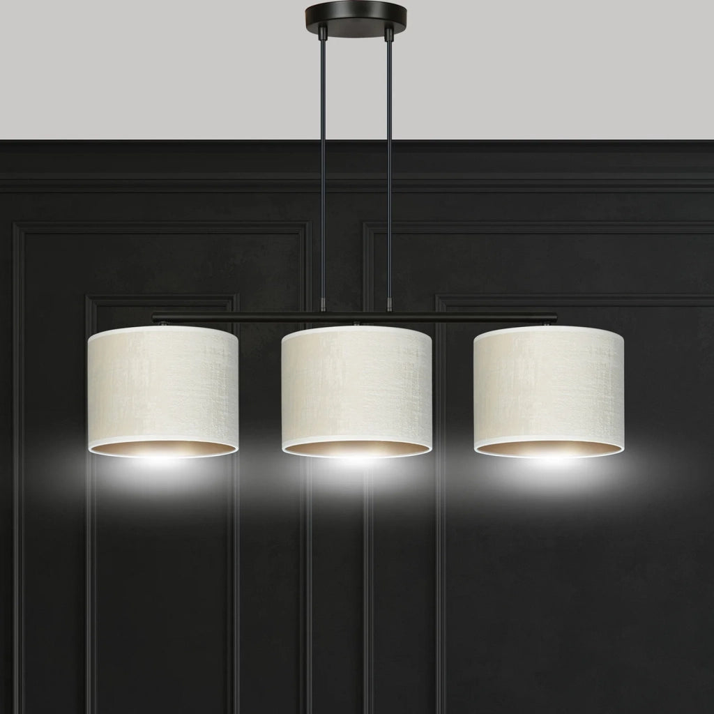 Lampadario 3 Luci Ganesha In Acciaio Nero E Paralumi In Tessuto Beige