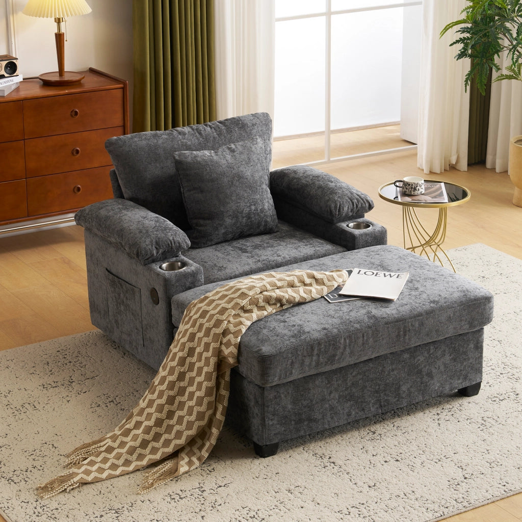 Fauteuil relax in ciniglia con portabicchieri, USB e tasche laterali, supporto ergonomico, grigio scuro