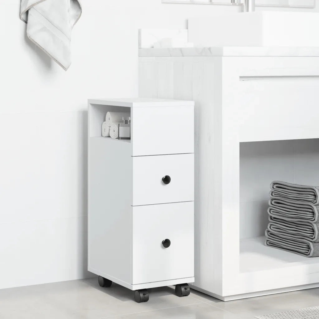 Mobile da Bagno Stretto con Ruote Bianco in Truciolato