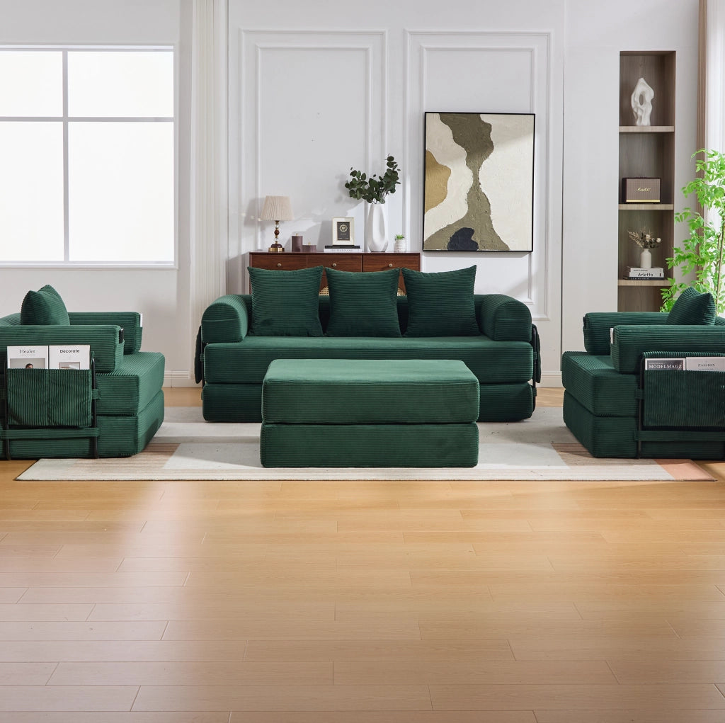 Divano modulare in corduroy verde smeraldo con pouf; 200x94x67 cm