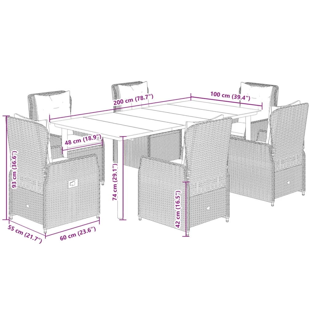 Set da Pranzo da Giardino 7 pz con Cuscini Beige in Polyrattan