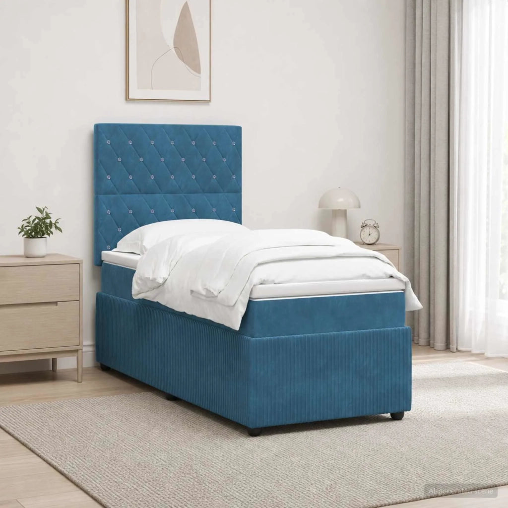 Letto Box Spring LED con Materasso Blu 100 x 200 cm Velluto 3456009