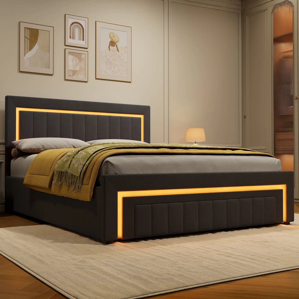 Letto matrimoniale imbottito 160x200 cm grigio scuro in velluto con LED e cassetti
