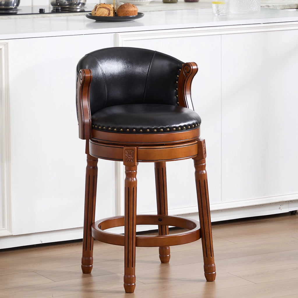 Sgabello da bar girevole a 360° in legno e vera pelle; altezza seduta 66 cm