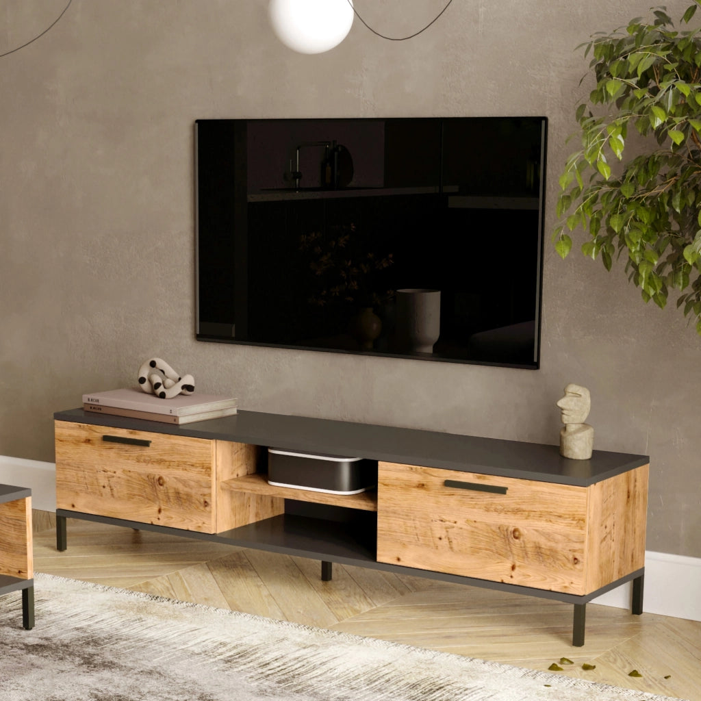 Mobile Basso 'Lempäälä' Supporto TV con Passaggio Cavi Consolle con Sportelli a Ribalta - Rovere Rustico/Antracite [en.casa]