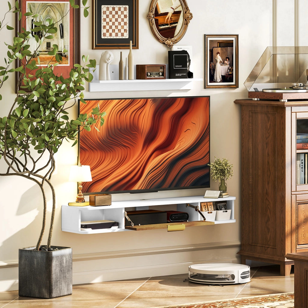 Mobile TV a parete con scaffale e ante ¨C Xylo ¨C legno bianco con ripiani aperti