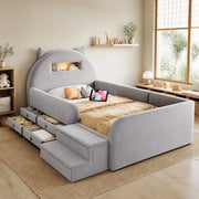 Letto imbottito per bambini 90x200 cm in velluto grigio chiaro con testiera a orecchie; USB; luce e cassetti