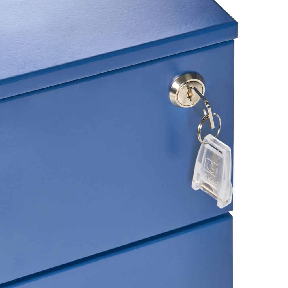Mobiletto Portaoggetti in Metallo blu con 3 Cassetti con serratura a chiave e ruote industriali moderno Home Office Garage