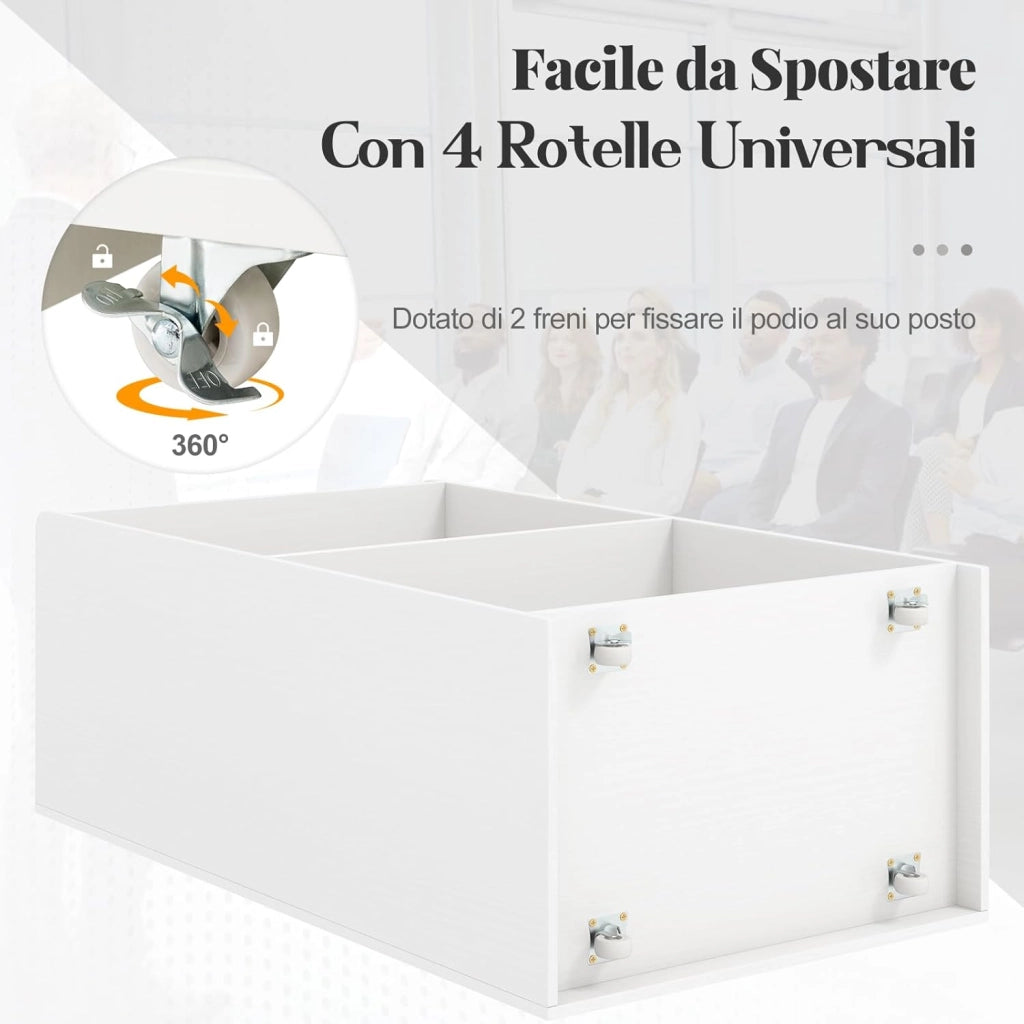 COSTWAY Podio per Conferenza, Leggio in Legno Massello con 2 Ripiani e Ruote Universali e Bloccabili, Podio in Piedi per Chiesa, Ufficio e Scuola, 57,5 x 37 x 105 cm (Bianco)
