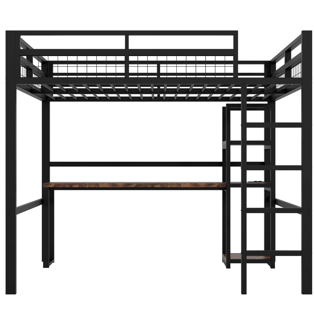 Letto a soppalco 140x200 cm con scrivania e ripiani; metallo; nero (Senza materasso)
