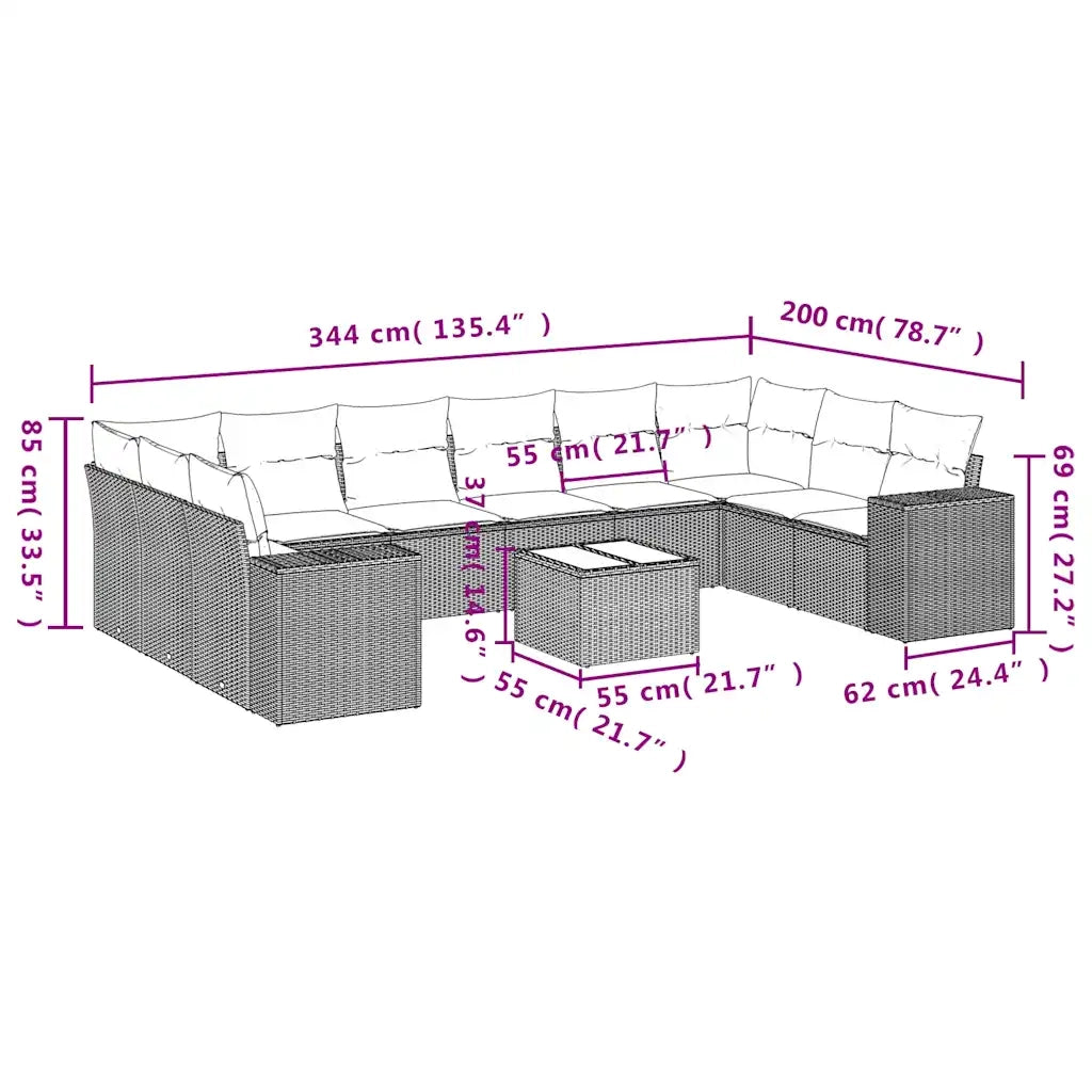 Set Divani da Giardino 11 pz con Cuscini Polyrattan Marrone