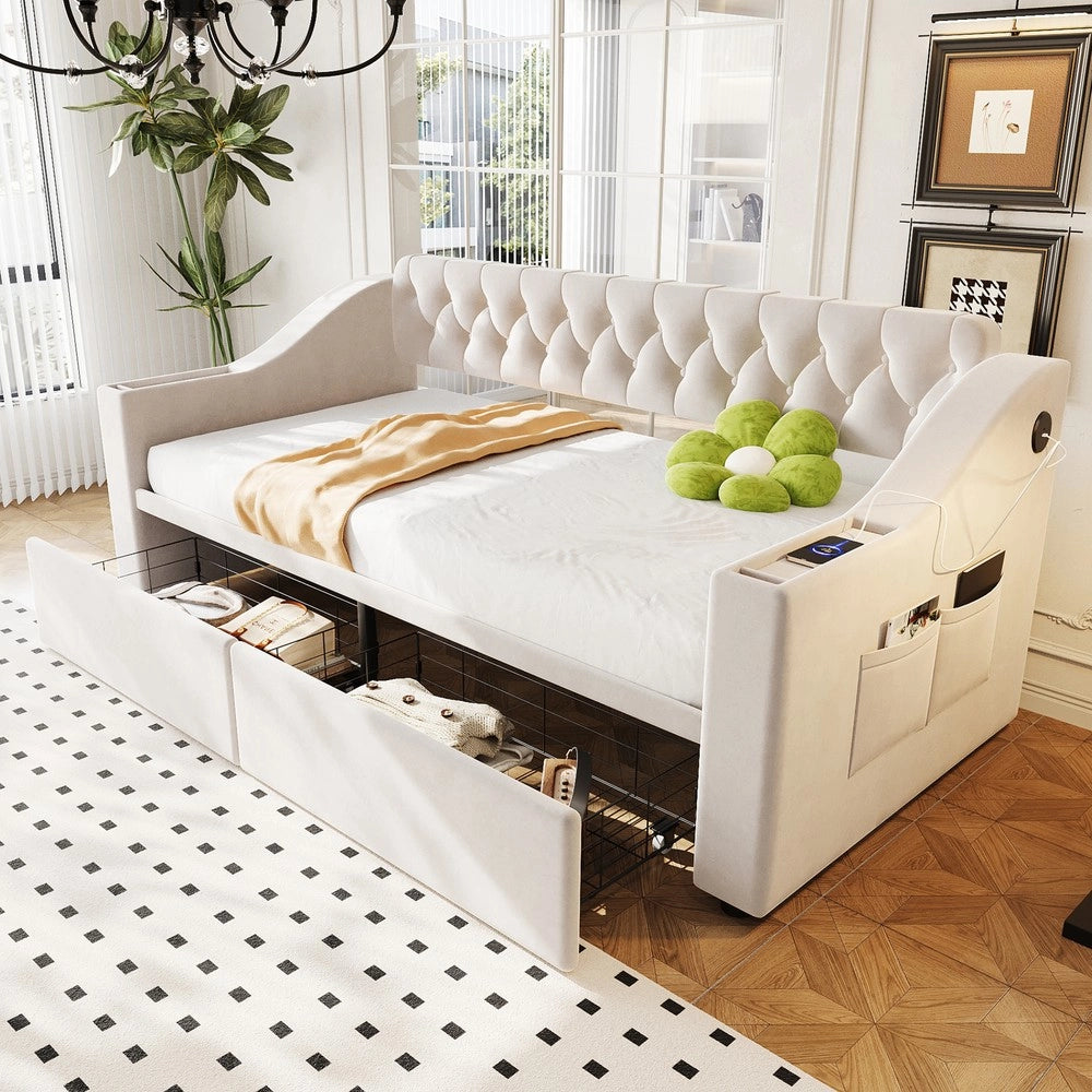 Letto Imbottito con Cassetto e USB ¨C MINIMAL ¨C Velluto Beige 90x190
