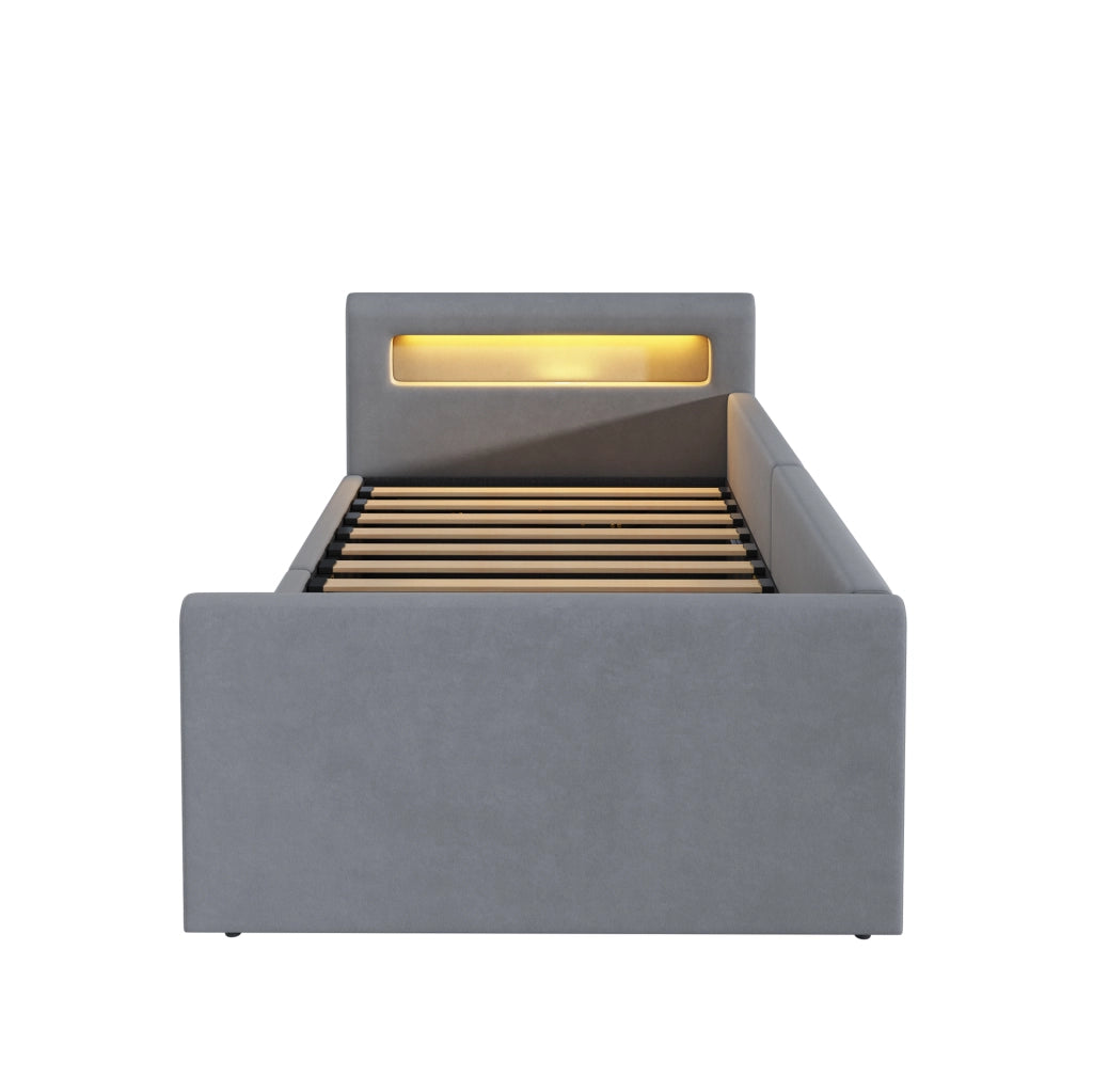 Letto imbottito per bambini 90x200 cm con LED, USB e vano idraulico grigio