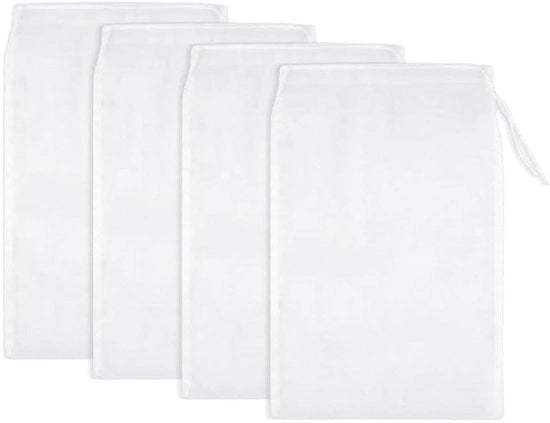 Pacco di 4 sacchetti di latte di capra, sacchetto a setole riciclabile 30 x 20 cm, sacchetto a filtro in tessuto nylon, sacchetto a filtro a maglia fine con cordino, per formaggio, caffè, yogurt, succo di frutta, succo di verdura
