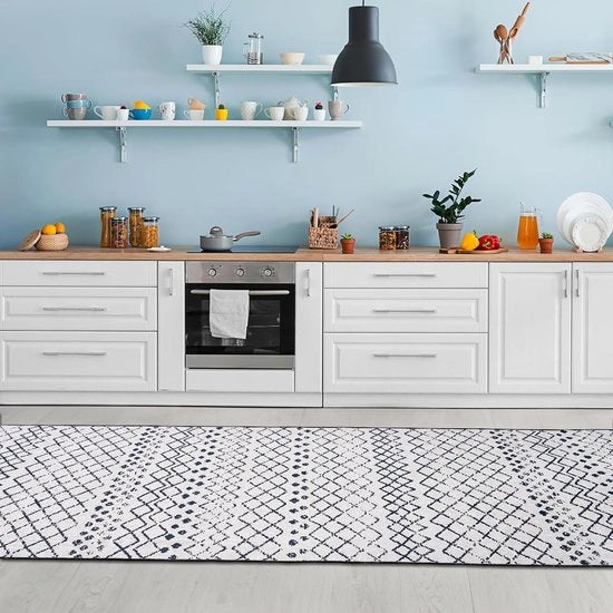 Tapijt per soggiorno, bassopoli, geometria moderna antiscivolo per corridoio, tappeto, gommapiatta, nero-bianco (80 x 300 cm)
