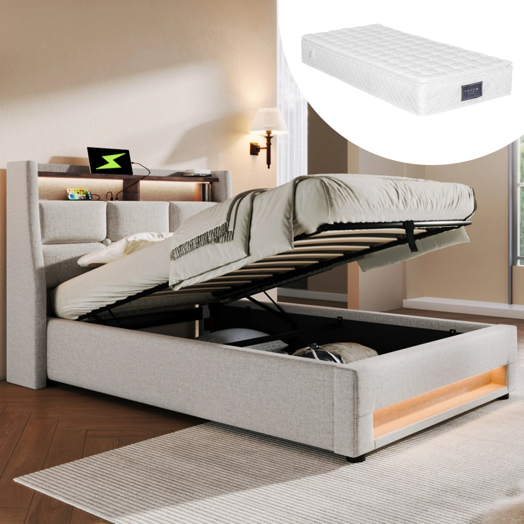 LETTO imbottito 90x200 cm in lino beige con USB e LED