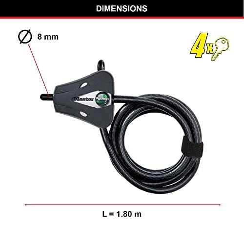 Master Lock 8418EURD Python Cavo Antifurto Regolabile Acciaio Intrecciato 180cm diametro 8mm colore Nero