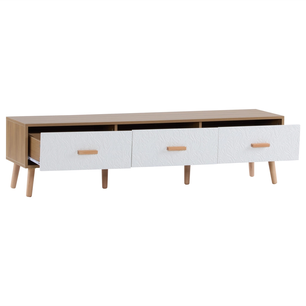 Pannello TV vintage in legno chiaro - Zephmum- 150x35x39 cm, finitura vintage, ante bianche