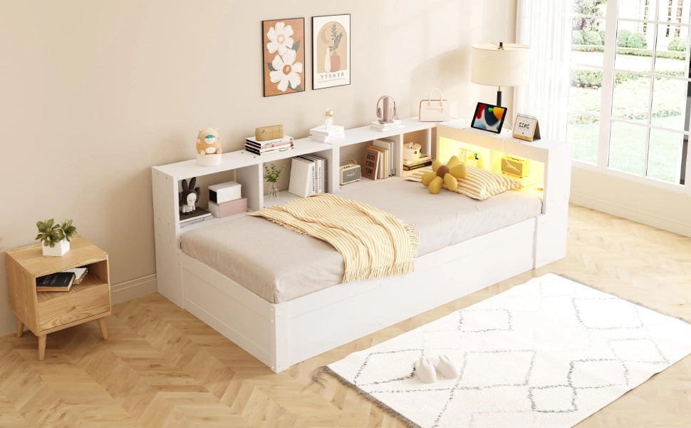 DESMIU Lit semplice 90 × 200 cm 1 posto con presa multifunzione, LED e vani portaoggetti, senza materasso, in MDF, bianco