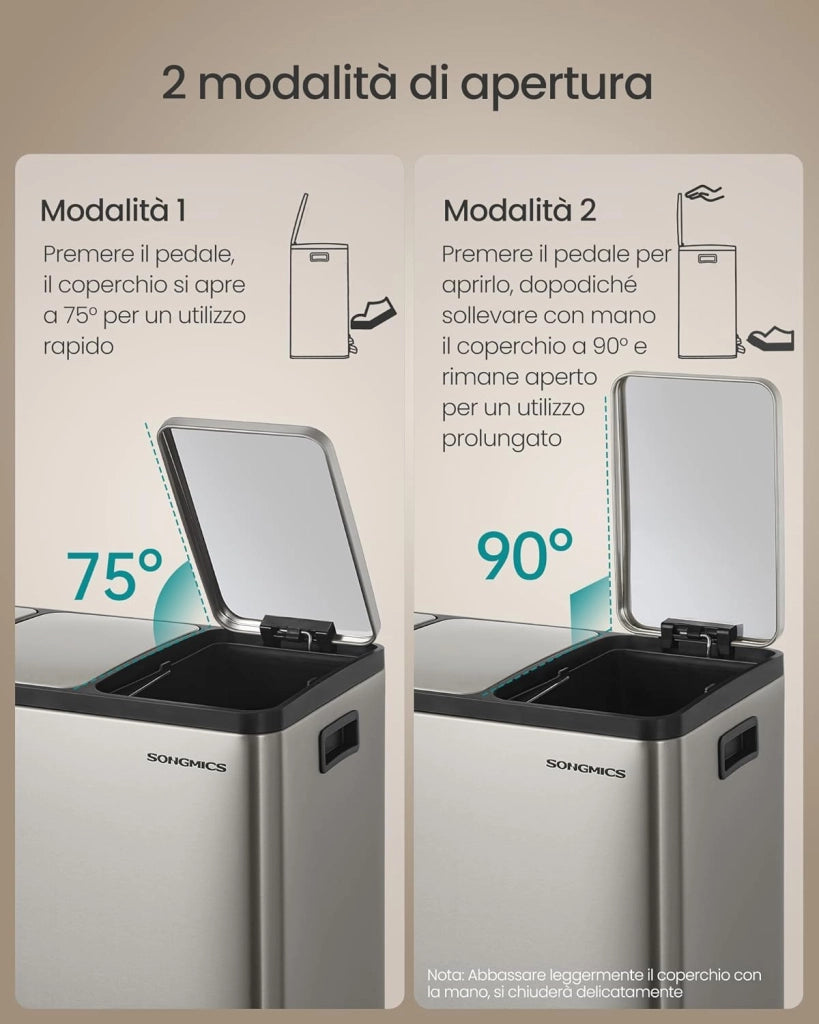 SONGMICS Pattumiera Cucina 2 x 15 L, Cestino per Raccolta Differenziata 2 Scomparti, 15 Sacchetti, Secchi Rimovibili, Coperchio, Maniglie, Chiusura Morbida, Acciaio Inox, Argento LTB130EZ01