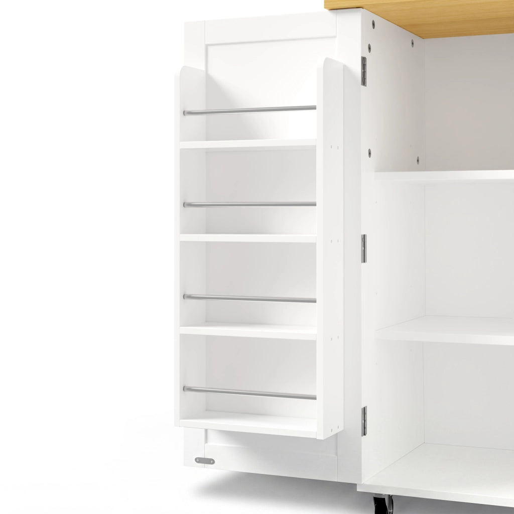Isola cucina con piano ribaltabile, carrello con cassetto e spazio contenitivo, colore Natural e Bianco