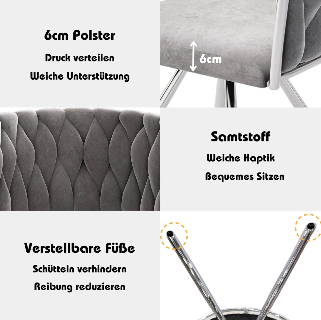 Set di 4 sedie da pranzo girevoli in velluto grigio e argento
