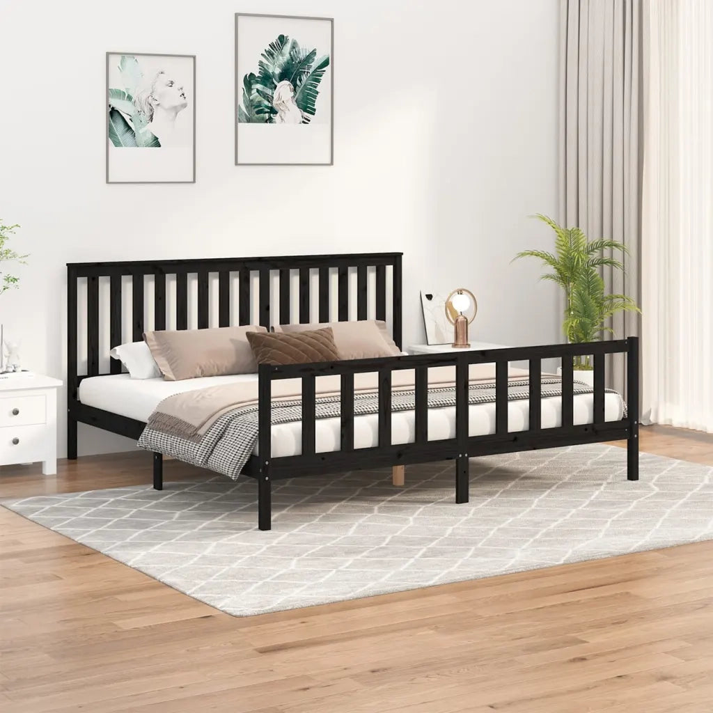 Letto matrimoniale | Letto per adulti | Giroletto con Testiera Nero 200x200 cm Legno Massello di Pino